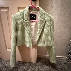 Zara Mint Tweed Cropped Blazer